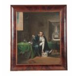 19TH CENTURY OIL ON CANVAS. Interior scene with seated portrait of a gentleman 60cm high, 50cm