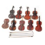 A COLLECTION OF 9 VIOLINS AND 4 VIOLIN BOWS including a labelled Modele d'apres Antionius