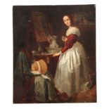 A 19TH CENTURY OIL ON PANEL depicting an interior scene of a young lady - 44cm high 37cm wide -