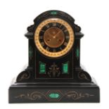 A GOOD 19TH CENTURY BLACK SLATE AND MALACHITE PANELLED MANTEL CLOCK with scratch carved gilt