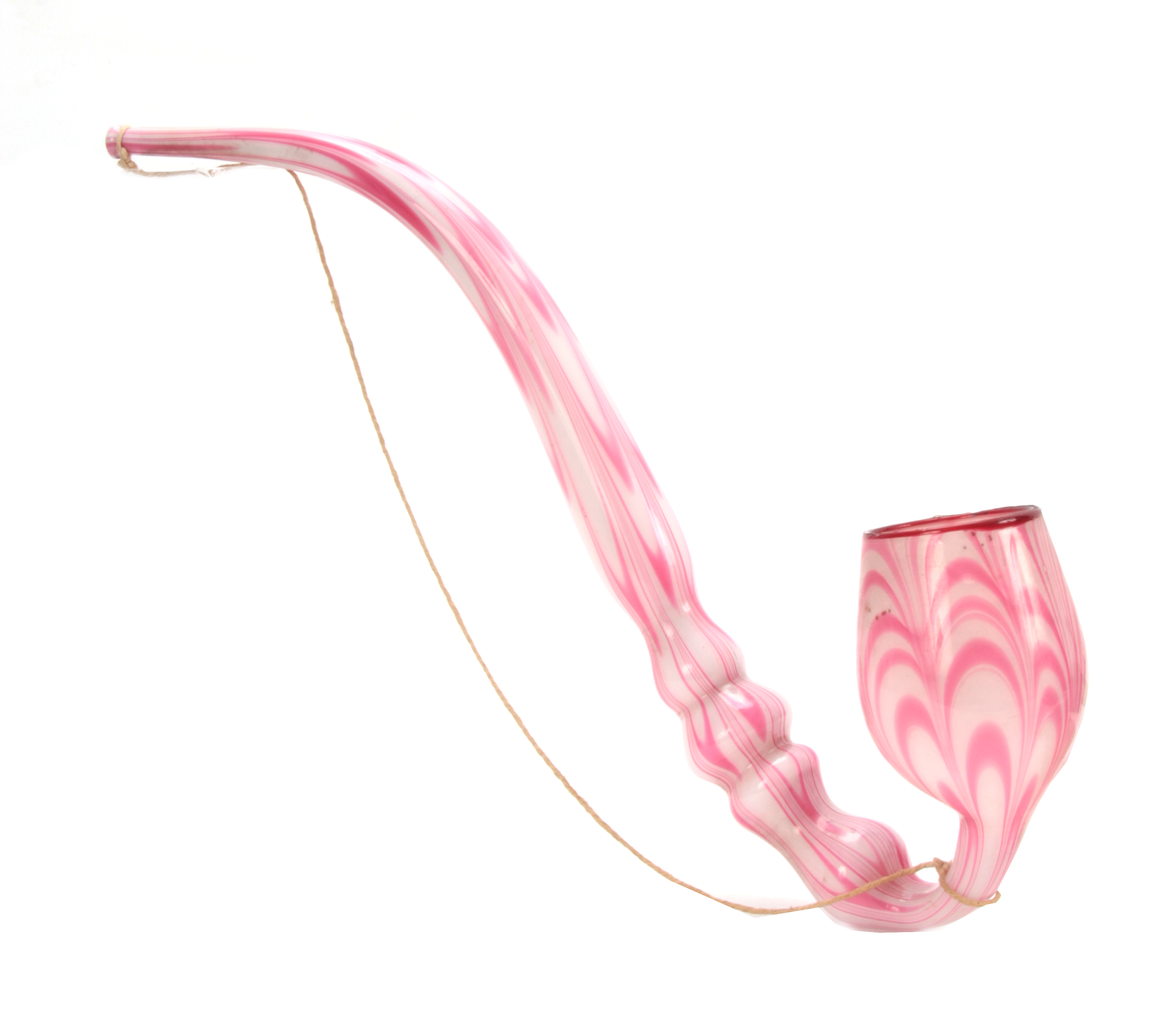 A LARGE 19TH CENTURY STOURBRIDGE GLASS PIPE of twisted pink and opaque design 50cm overall.