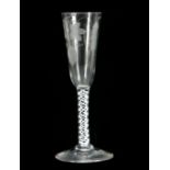 AN 18TH CENTURY TRIPLE OPAQUE AIR TWIST ALE FLUTE / WINE GLASS the bowl engraved with hops and