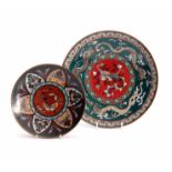 A CHINESE CLOISONNE ENAMEL SHALLOW DISH with dragon work border and centre panel 24cm diameter and A