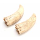 A PAIR OF 19TH CENTURY ENGRAVED SCRIMSHAW WORK TUSKS depicting figure panels inscribed WALTER,