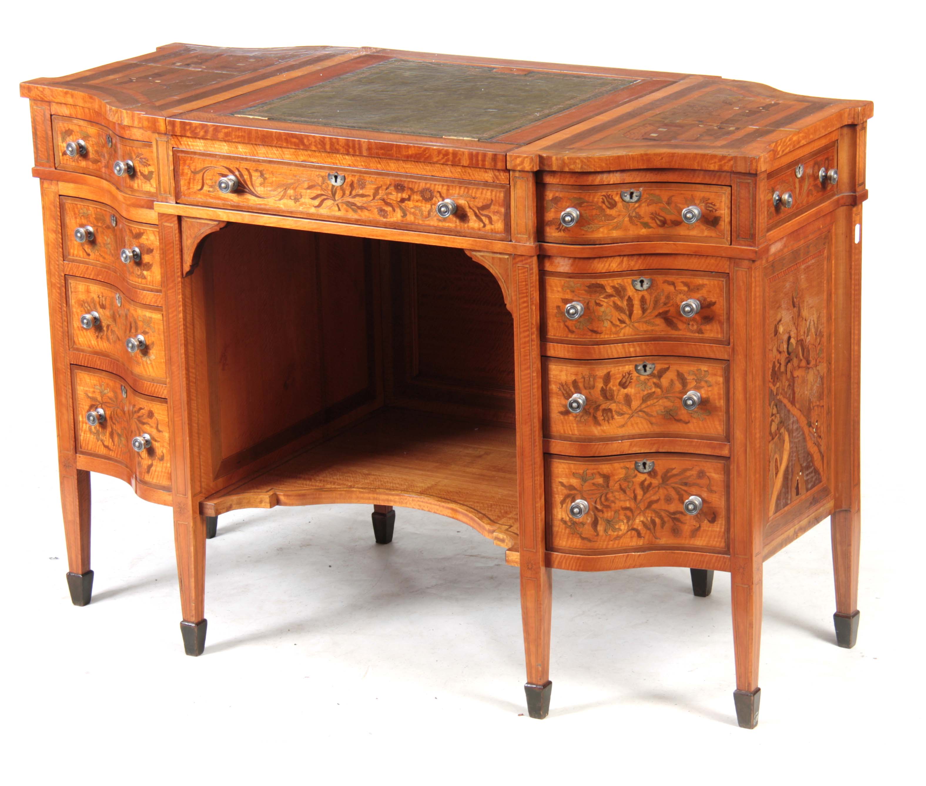 AN UNUSUAL FREESTANDING VICTORIAN SATINWOOD INLAID DESK with floral inlaid serpentine drawers to the