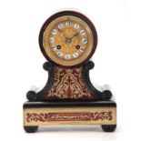 A 19TH CENTURY FRENCH EBONIZED AND BOULLEWORK MANTEL CLOCK with a platform base and scrolled sides