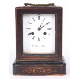 A MID 19th CENTURY FRENCH ROSEWOOD INLAID CARRIAGE STYLE MANTLE CLOCK enclosing a 3.5" rectangular