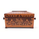 A 19TH CENTURY ROSEWOOD AND BURR MAPLE INLAID TEADCADDY with chamfered edge top with leaf work