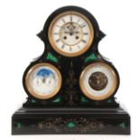 A GOOD 19TH CENTURY FRENCH BLACK SLATE AND MALACHITE PANELLED LARGE MANTEL CLOCK/BAROMETER WITH