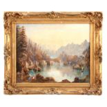 A 19TH CENTURY CONTINENTAL WATERCOLOUR depicting a mountainous lake scene, mounted in a glazed