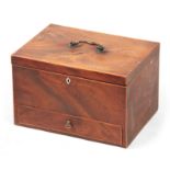 A GEORGE III FLAMED MAHOGANY BOX-WOOD STRUNG DEED BOX with swan-neck carrying handle and hinged