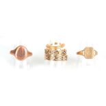 A COLLECTION OF FIVE GOLD RINGS a 9ct rose gold signet ring 6.8g, a 9ct yellow gold signet ring 2.