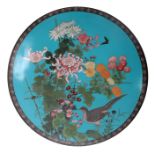 A LARGE LATE 19th CENTURY JAPANESE CLOISONNE CHARGER having a blue ground with bird and butterfly on