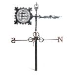 A 19TH CENTURY LEADWORK WEATHERVANE having the Three Lions coat of arms and serpent-shaped pointer