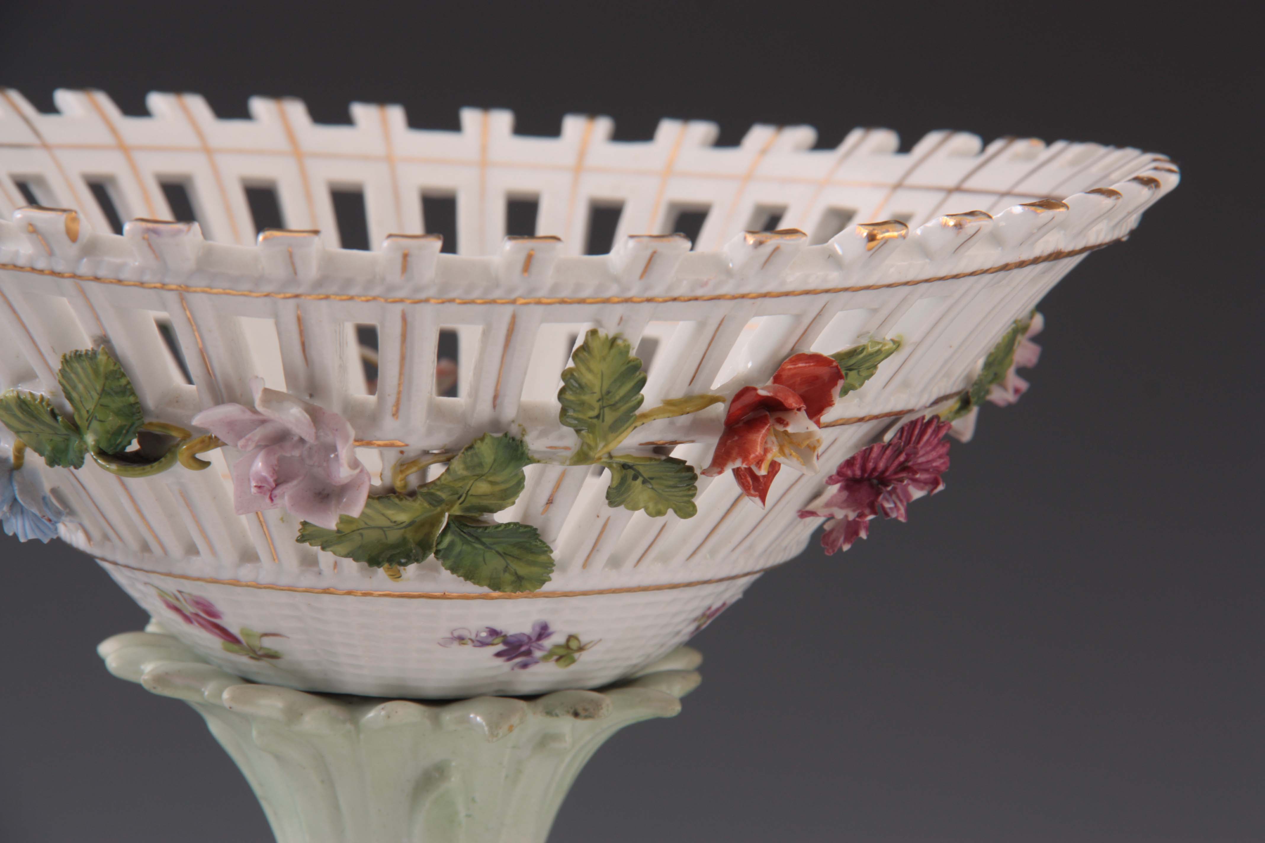 TWO 19TH CENTURY DRESDEN PORCELAIN COMPOTE CENTREPIECES with figural cherub bases and pierced basket - Image 6 of 9