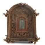 A LATE 19th CENTURY EMBROIDERED TAPESTRY WALL MOUNTED THERMOMETER with beaded border and