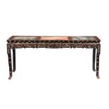 AN EARLY 19TH CENTURY CHINESE MOTHER OF PEARL INLAID HARDWOOD ALTAR TABLE with three shaped marble