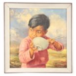 R BELLER - ORIENTAL SCHOOL OIL ON CANVAS portrait of a child eating from a rice bowl 41cm high,