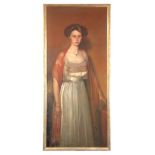 AN EARLY 20TH CENTURY OIL ON CANVAS STANDING PORTRAIT OF A YOUNG LADY 148cm high 64cm wide - in a