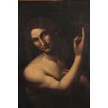 AN 18TH CENTURY OIL ON CANVAS. OF JOHN THE BAPTIST AFTER LEONARDO DA VINCI 65cm high 52cm wide -