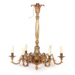 A 20TH CENTURY GILT BRASS HANGING CHANDELIER having a ribbon tied stem above six-leaf cast