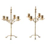 A PAIR OF 19TH CENTURY BRASS FOUR BRANCH ADJUSTABLE CANDLESTICKS / CANDELABRA with barley twist