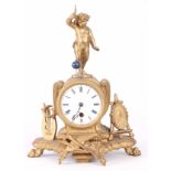 A LATE 19th CENTURY FRENCH MYSTERY CLOCK with gilt metal case surmounted by a cherub holding a