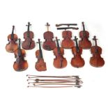 A COLLECTION OF 10 VIOLINS, VIOLIN PARTS AND 8 BOWS including an interesting early violin and an