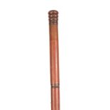 A 19TH CENTURY STAINED BEECH AND COPPER MOUNTED DRINKING FLASK CANE having a glass flask in the body