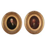 A PAIR OF EARLY 19TH CENTURY OIL ON CANVAS OF GENTLEMEN 27cm high 32cm wide - in oval gilt moulded