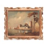 OIL ON BOARD Continental lake and town scene with figures 19.5cm high 24.5cm wide - titled on