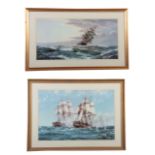 MONTAGUE DAWSON. Two large coloured MARINE PRINTS depicting galleons in full sail 50cms by 75cms and