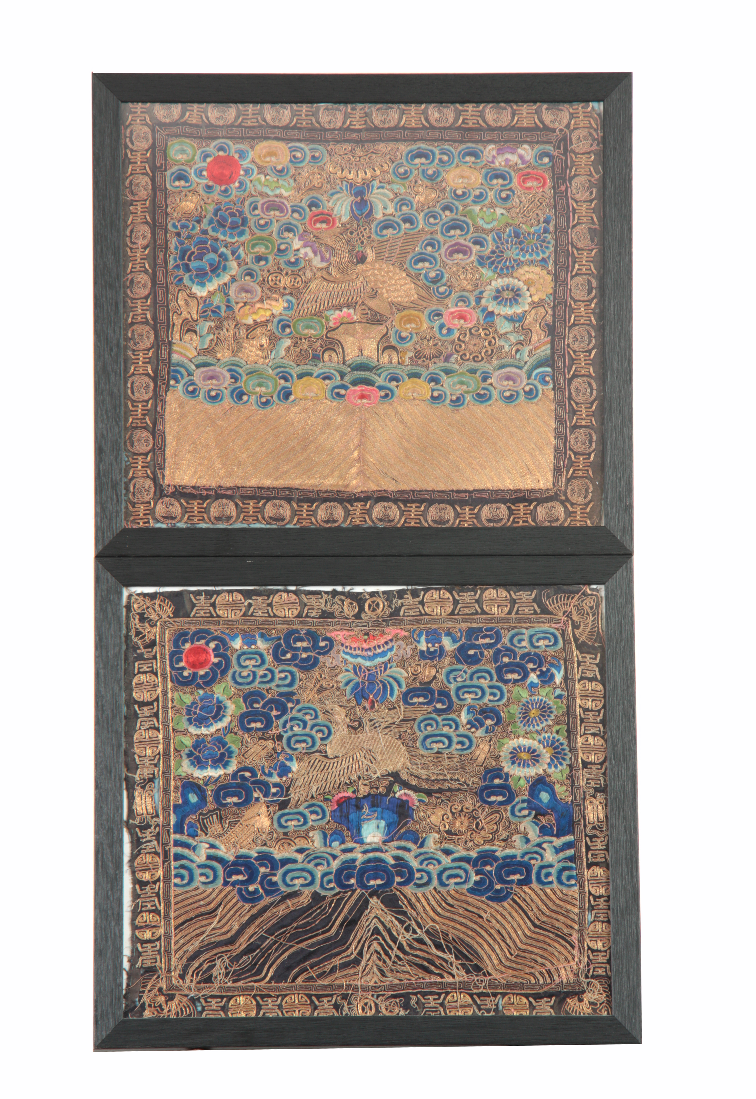 A PAIR OF LATE 19th CENTURY CHINESE SCHOLAR RANK BADGES having a fine gold thread depicting a Golden