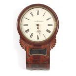 JOS. THWAITES, LONDON. A 19TH CENTURY FLAMED MAHOGANY DROP DIAL FUSEE WALL CLOCK with brass inlaid