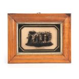 A 19TH CENTURY REVERSE PAINTED SILHOUETTE PICTURE titled 'The Pedlars' gilt-edged black border and