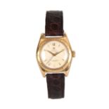 A MID 20th CENTURY 18CT GOLD ROLEX 'BUBBLE BACK' WRISTWATCH on brown crocodile leather strap, the