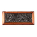 A 19TH CENTURY ELKINGTON BRONZED COPPER PANEL embossed in high relief with a battle scene from