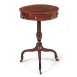 AN EDWARDIAN FLAMED MAHOGANY MINIATURE DRUM / OCCASIONAL TABLE with small frieze drawers lined