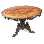 A LARGE 19TH CENTURY OLIVE WOOD BLACK FORREST INLAID OCCASIONAL TABLE having flame veneered