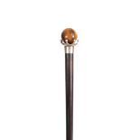 A LATE 19th CENTURY ROSEWOOD WALKING CANE with spherical tigers eye handle on crown style mount,