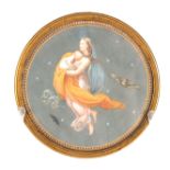 AN EARLY 19th CENTURY ITALIAN GRAND TOUR CIRCULAR OIL ON TIN. The Guardian Angel, with oil and bat