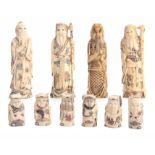 A SET OF SIX EARLY 20th CENTURY ENGRAVED STAINED IVORY NETSUKE modelled as elderly gentleman of