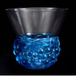 A R LALIQUE 'CERISES' CLEAR AND FROSTED BLUE GLASS VASE with angled rim above a continuous band of