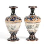 A PAIR OF 19TH CENTURY HANNAH BARLOW DOULTON LAMBETH VASES decorated with cattle being of ovoid