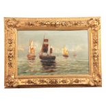 F. CLAITON - 19TH CENTURY OIL ON CANVAS sailboats with figures on a calm sea 35.5cm high 56.5cm wide