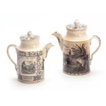 TWO 19TH CENTURY CREAMWARE COFFEE CANS transfer printed with hunting scenes 19cm and 17cm high (2).