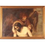 AN EARLY 20th CENTURY RELIGIOUS OIL ON CANVAS of an angel with Jesus Christ 59cm high 81cm wide -