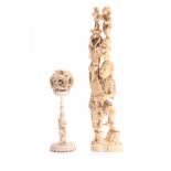A GOOD 19TH CENTURY JAPANESE CARVED IVORY TOWER FIGURE finely detailed with engraved decoration on a