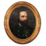 A 19TH CENTURY OIL ON CANVAS ATTACHED TO CONVEX GLASS OF GARIBALDI 44cm high 36cm wide - in an