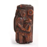 A 19th CENTURY SCOTTISH CARVED 'BLINDMAN' TABLE SNUFF BOX the sides carved with a fox and goats, the